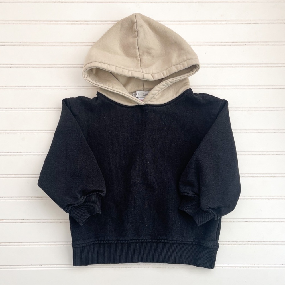 ZARA EUC/LN Thick Sad Beige Garment Dyed Color Block Hoodie Sweatshirt